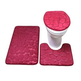 3pcs/set Bath Mat Flannel Anti Slip Absorbent Bathroom Cobblestone Floor Mat Toilet Lid Cover U Shaped Contour Foot Pad Soft Rugs Carpet Machine Washable W0029