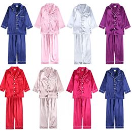 Kids Children Silk Satin Pajamas Solid Clothes For Boy Girl Lounge Suit Cute Teenage Sleepwear Family Match Christmas Pjs 240522