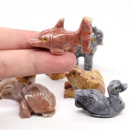 Mini Animals Frog Figurine Ornament Natural Shoushan Stone Carving Healing Crystal Fish Dinosaur Statue Room Desk Crafts Decor