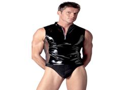 High Quality Male Exotic Apparel Faux Leather Zipper Undershirts Sexy Men Mesh Splice Black Tank UndershirtsBriefs Lingerie Set2639040