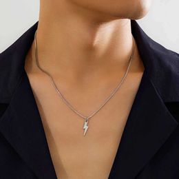 Pendant Necklaces KunJoe Punk Metal Geometry Lightning Pendant Necklace for Men Simple Silver Color Box Chain Choker Necklace Hip Hop Q240525