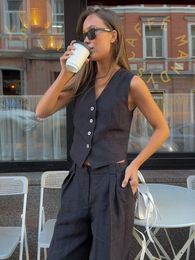 Elegant Gray V Neck Tank Tops Suits Summer Pleated Long Pants Sleeveless Button Up Two Piece Sets Khaki Office Outfits 240518