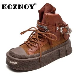 Koznoy Natural Genuine Boots 4cm ROME Cow Suede Leather Women Comfy New Spring Ethnic Flats Ladies Autumn Moccasins Ankle Shoes