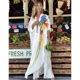 Bohemian Dress Chiffon Bikini Cover up Kaftan White Dress Plus size Kimono Beachwear Print Tunic for Beach Swimsuit Cover up 240524