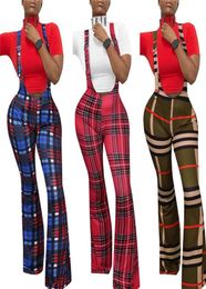 Fashion Women Plaid Print Pants Suspender Zipper Closure High Waist Flared Trousers Slim Fit Leggings Overalls For Summer8520781