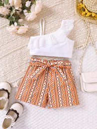 Clothing Sets Girls' Summer Casual Resort-style Suit Top Lace Slanted Shoulder Vintage Shorts Two-piece