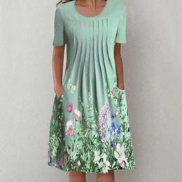 Casual Dresses Floral Printing Vintage For Women 2024 Summer Female Clothing Short Sleeve Loose Beach Elegant Large Swing Midi Dress