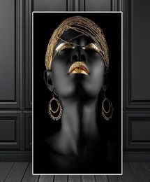 Modern Style African Woman Paintings on Canvas Golden Black Scandinavian Wall Art Poster and Print for Living Room Decor7637148