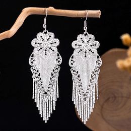 Ethnic Miao Yin Minority Style Personalized Bohemian Flower Long Tassel Earrings