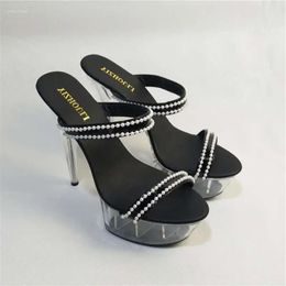 Women's Fashion Sandals Glass Slippers Noble Transparent Floor 15cm High-heeled Bead 4f2