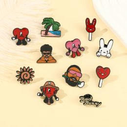 New In Bad Bunny Brooch Creative Jewelry Red Heart Rapper Bad Rabbit Enamel Pin Clothing Backpack Pins Accessories for Kids Gift