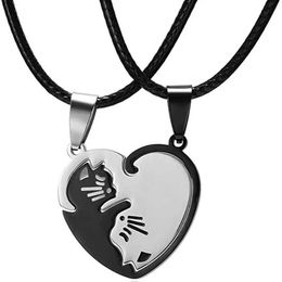 Anhänger Halsketten Heißverkauf Edelstahl Haustierkatze Kitty Love Heart Anhänger Puzzle Matching Halskette für Paarliebhaber Valentine Q240525