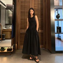 Casual Dresses Solid Elegant Black Long For Women Round Neck Sleeveless High Waist Temperament Dress Female Fashion Style