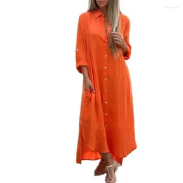 Casual Dresses Simple Style Solid Colour Cotton Linen Women Lapel Long Sleeve Single-breasted Cardigan Dress Female Double Pockets Gown