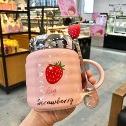 Mugs Strawberry Cup Cute Ceramic Coffee Mug With Leakproof Lid Spoon Homekawaii Water Christmas Gift