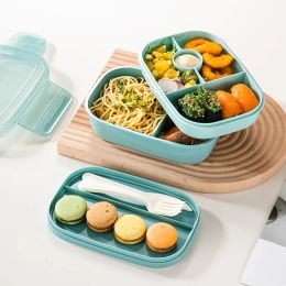 Stackable Bento Box Microwave Lunch Box 3 Layers All-in-One Lunch Containers with Cutlery Set Multiple Grid for Adults & Kids
