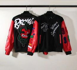 Mens Jackets Embriodery Oversize Hip Hop BasebalStreetwear stitched Bomber Sports Loose Varsity Wear Leather Sleeve Monster Print Black Red3906211