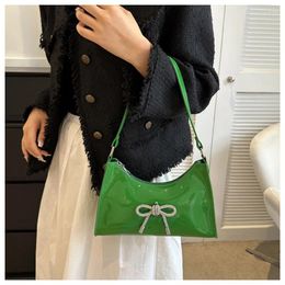 Totes Vintage Green Patent Leather Shiny Diamond Bow Single Shoulder Bag 2024 Ladies Zipper Elegant Underarm Commuting Handbag