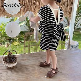 Clothing Sets Grosfairy Baby Kids Party Outfits Summer Girls Set Cotton Striped V-Neck Sleeveless Tank Shorts Suit Bow Tie Children Clothes