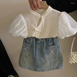Clothing Sets Little Girl Summer Set 2024 Fashion Top Bow Denim Short Skirt Girls Sweet And Gentle Cute Clothes