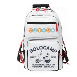 Solo Camp backpack Enjoy Life daypack Laid Back school bag Yuru Cartoon Print rucksack Casual schoolbag White Black day pack