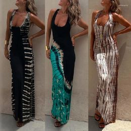 Casual Dresses Vintage Tie Dye Print Summer Maxi For Women 2024 Sexy Cross Backless Bodycon Halter Female Elegant Beach Vestido