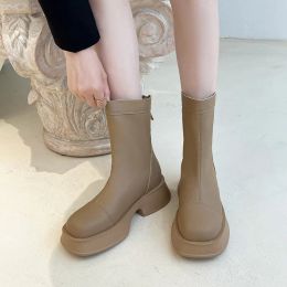 Ankle Boots Women's 2022 Muffin Thick Bottom Back Zipper Thin Boots Real Soft Leather Square Toe British Style Short Boots Women