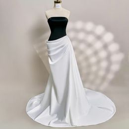 Vintage Long Sleeveless Satin Black&White Wedding Dresses Mermaid Ivory Pleated Lace Up Back Vestido De Noiva Sweep Train Bridal Gowns for Women
