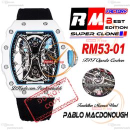 Pablo MacDonough 53-01 Manual Wind Real Tourbillon Mens Watch RMF White TPT Quartz Carbon Blue Inner Skeleton Dial Black Nylon Strap Super Edition Puretime Reloj PTRM