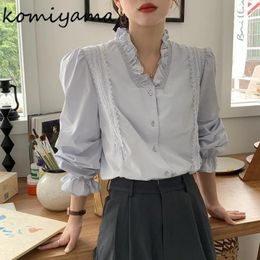 Women's Blouses V-neck 2024 Woman Shirts & Pleated Blusas Patchwork Lace Camisas Long Sleeve Ropa Mujer Spring Autumn Tops