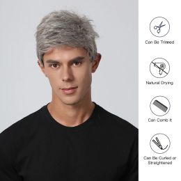 Silver Grey Synthetic Wigs for Men Short Layered Natural Hair Wig with Side Part Bangs Halloween Party Heat Resistant Fake Hair