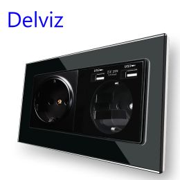 Delviz Wall Double 16A Outlet, With 5V 2A USB charging Ports,AC 110V~250V, Black Tempered Crystal Glass Panel EU Standard Socket