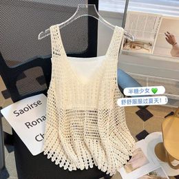 Women's T Shirts Tanks Tunic Camis 2024 For Women Spring Hollow Hook Flower Sleeveless Knit Sweater Vest Crop Tops Grunge Clothes Tshirt