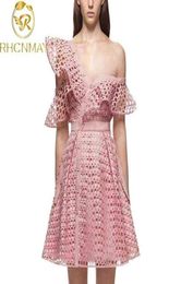 Casual Dresses Self Portrait Luxury Runway Dress New Arrival Asymmettical Neck OneShoulder Lace Hollow Out Patchwork Runway Pink 3411427