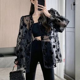 Women's Blouses Fashion Ladies Sexy Lace Cardigan Summer Solid Colour Tops Loose Long Sleeve Sunscreen Coat Perspective Clothing 2024