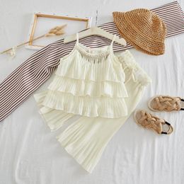 Clothing Sets Girls Korean Fashionable Summer Two-piece Set Of Chiffon Stylish Layered Wooden Ear Suspender Top Wide Leg Pants