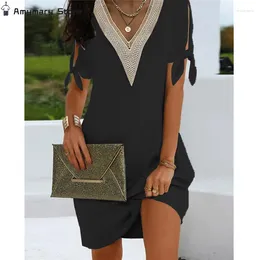Casual Dresses Summer V-neck Holiday Mini Dress Fashion Craft Cuff Split Bow Decoration Solid Color Loose Street Wear S-5XL