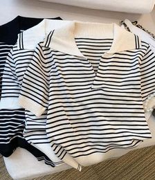 Women's T Shirts Striped T-shirt Thin Ice Silk Knitted Women