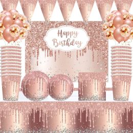 76pcs Rose Gold Party Decorations Diamond Pattern Disposable Tableware Set Paper Plates Tablecloth Girls Birthday Party Supplies