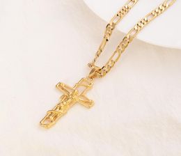 18 k Solid Fine Yellow Gold Filled Jesus Crucifix Pendant Frame Italian Figaro Link Chain Necklace 60cm 3mm2789480