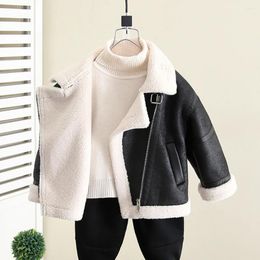 Down Coat Kids Boys Lambswool Leather Coats Winter Fashion Turn-down Collar Zipper Jackets Thick Warm Velvet Outerwear Children Clothes