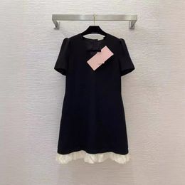 2024 Summer Black Contrast Color Bow Hot Drilling Cotton Dress Short Sleeve Round Neck Ruffled Panelled Knee-Length Casual Dresses B4W241358