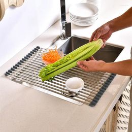 Kitchen Storage 42cm Foldable Dish Drying Rack Stainless Steel Drainer Roll Up Sink Holder Bowl Tableware Plate Suspended Organizer