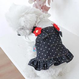 Dog Apparel Pet Halter Dress Polka Dot Pattern Puppy Button Closure Spring Summer Pocket Little Red Flower Denim Skirt Daily Wear