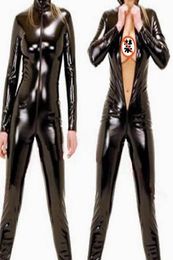 Sexy Wetlook Black Catwomen Jumpsuit PVC Spandex Latex Catsuit Costumes for Women Body Suits Fetish Leather clothe Plus Size 4XL Y7202473