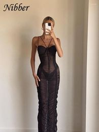 Casual Dresses Nibber Mesh Uneven Folded Maxi Dress Women Patchwork Sling See Through Halter Sexy Midnight Peach Buttock Vestidos Erboh
