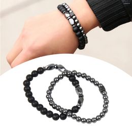 Strand 2Pcs Set Men's Accessories Black Matte Beads Stone Wristband Bangle Charms Jewellery Bracelet Cuff Birthday Gift Women 2024