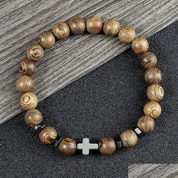 Beaded Strands Prayer Men Women Bracelet Hematite Cross Rosary Natural Stone Beads Jesus Onyx Meditation Bracelets Bangles Jewelry G Dhu3N