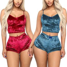 2021 Women Pajamas Sets Sexy Velvet Two Piece Suits Ladies 2PCS Sleepwear Female Vest Shorts Set Summer Womens Nightwear51554419958086