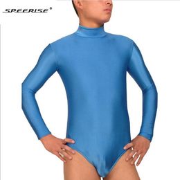 Adult Spandex Lycra Mock Neck Leotard Mens Long Sleeve Short Unitard Bodysuit Dance Costumes Men Zipper Back Body Suit Dancewear 179K
